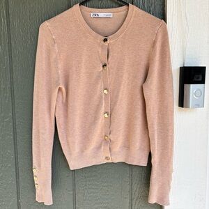 Zara Tan Beige Button-Up Cardigan with Gold Buttons Medium